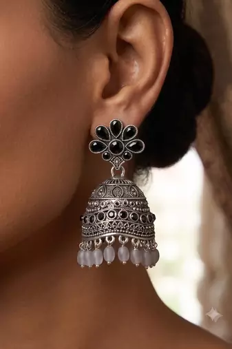 Traditional oxidized silver black stone flower jhumka drop earrings with grey beads for women