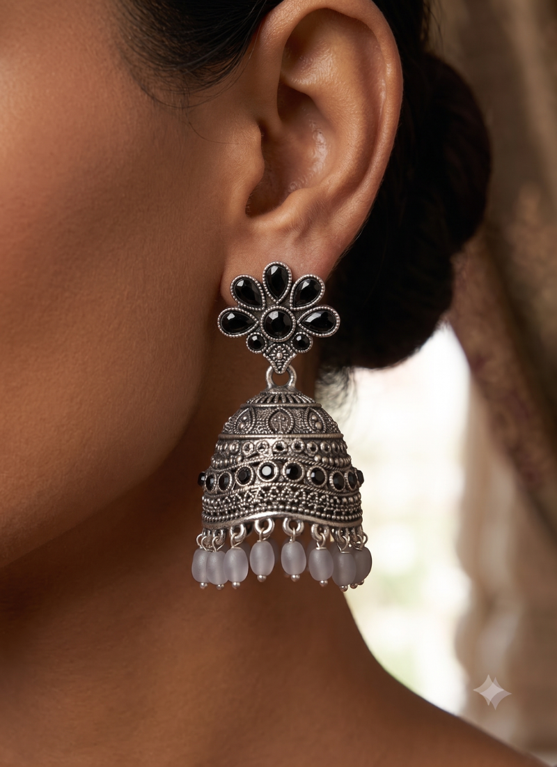 Traditional oxidized silver black stone flower jhumka drop earrings with grey beads for women