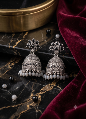 Traditional oxidized silver black stone flower jhumka drop earrings with grey beads for women 3