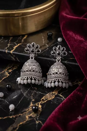 Traditional oxidized silver black stone flower jhumka drop earrings with grey beads for women