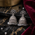 Traditional oxidized silver black stone flower jhumka drop earrings with grey beads for women