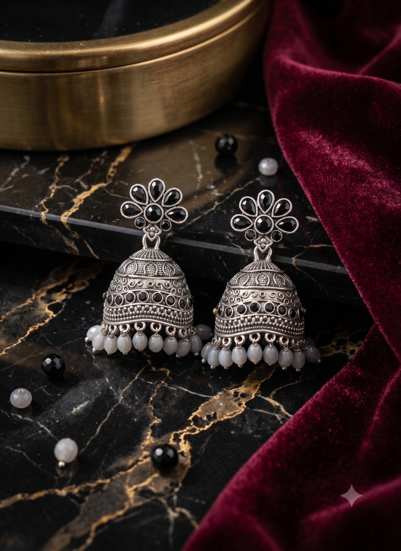 Traditional oxidized silver black stone flower jhumka drop earrings with grey beads for women