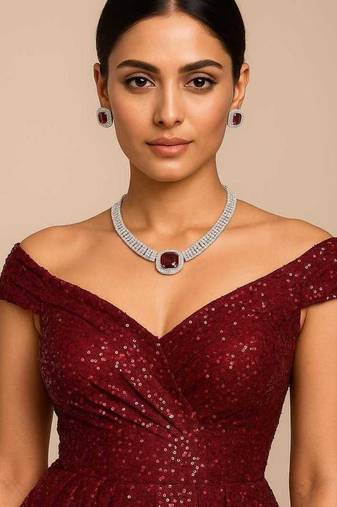 cz ruby necklace & earrings set bridal statement jewellery
