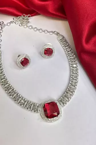 cz ruby necklace & earrings set: bridal statement jewellery