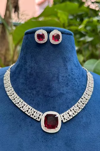 cz ruby necklace & earrings set: bridal statement jewellery