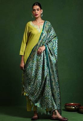 Floral embroidered cotton round neck kurta trouser & dupatta set 1