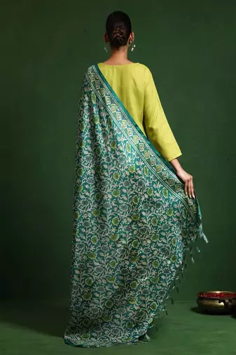 Floral embroidered cotton round neck kurta trouser & dupatta set