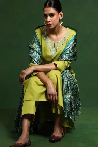 Floral embroidered cotton round neck kurta trouser & dupatta set