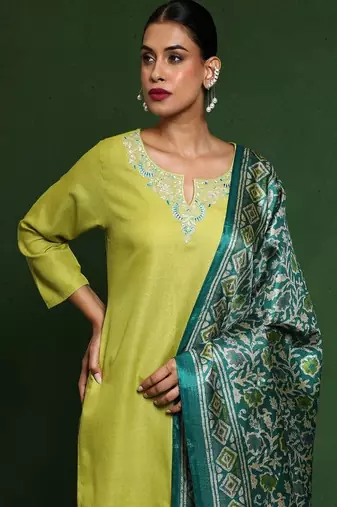 Floral embroidered cotton round neck kurta trouser & dupatta set