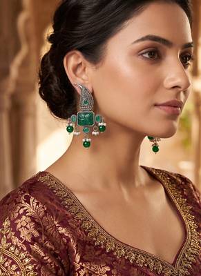 Traditional antique silver finish statement chandelier earrings with green onyx and pearl accents for women 1