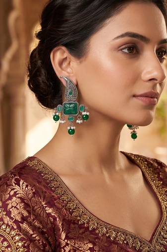 Traditional antique silver finish statement chandelier earrings with green onyx and pearl accents for women