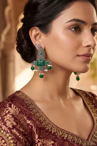 Traditional antique silver finish statement chandelier earrings with green onyx and pearl accents for women