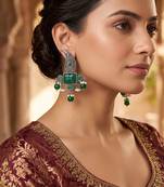 Traditional antique silver finish statement chandelier earrings with green onyx and pearl accents for women