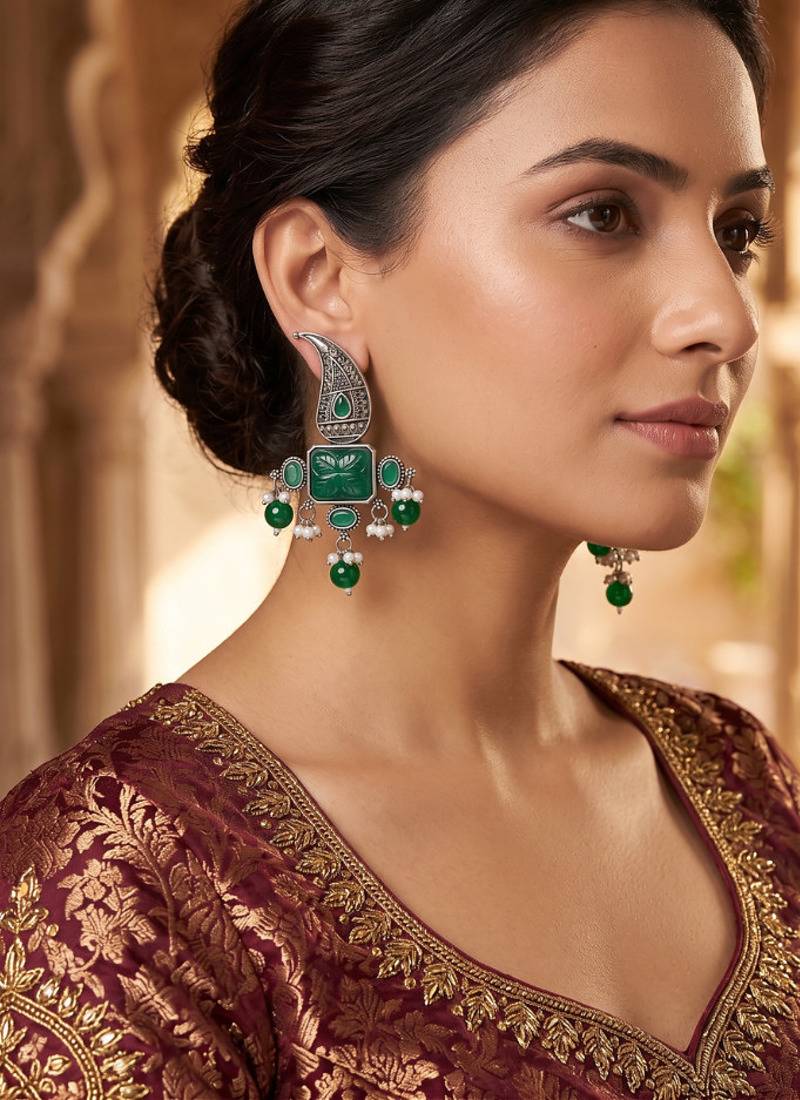 Traditional antique silver finish statement chandelier earrings with green onyx and pearl accents for women