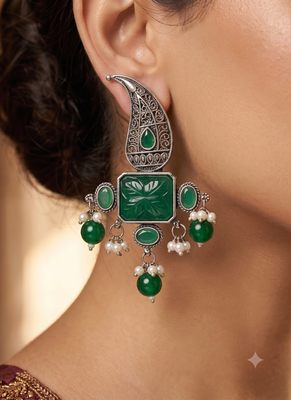 Traditional antique silver finish statement chandelier earrings with green onyx and pearl accents for women 2