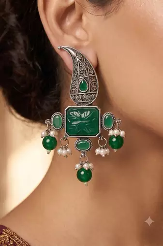 Traditional antique silver finish statement chandelier earrings with green onyx and pearl accents for women