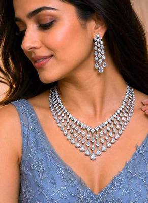 cubic zirconia statement necklace earrings set, bridal wedding jewellery, diamond replica chandelier set 1