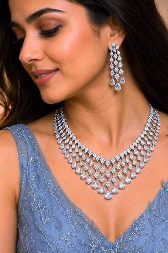 cubic zirconia statement necklace earrings set, bridal wedding jewellery, diamond replica chandelier set
