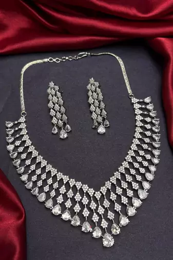 cubic zirconia statement necklace earrings set, bridal wedding jewellery, diamond replica chandelier set