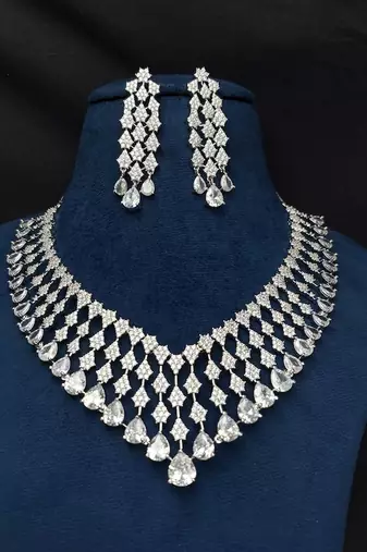cubic zirconia statement necklace earrings set, bridal wedding jewellery, diamond replica chandelier set