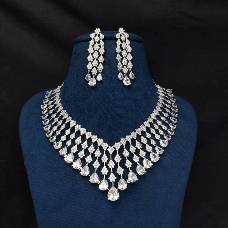 cubic zirconia statement necklace earrings set, bridal wedding jewellery, diamond replica chandelier set