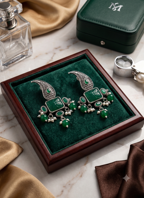 Traditional antique silver finish statement chandelier earrings with green onyx and pearl accents for women 3