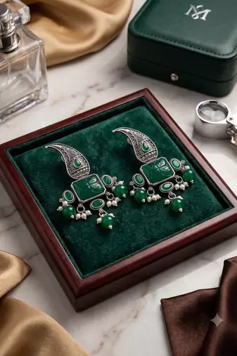Traditional antique silver finish statement chandelier earrings with green onyx and pearl accents for women