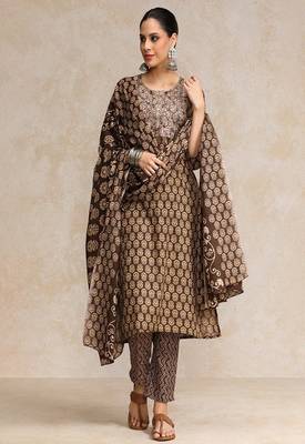 Floral printed cotton round neck kurta trouser & dupatta set 1