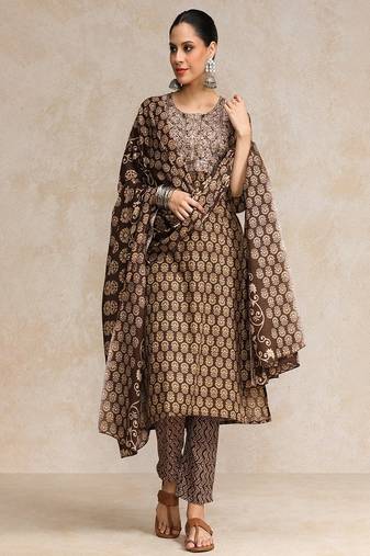 Floral printed cotton round neck kurta trouser & dupatta set