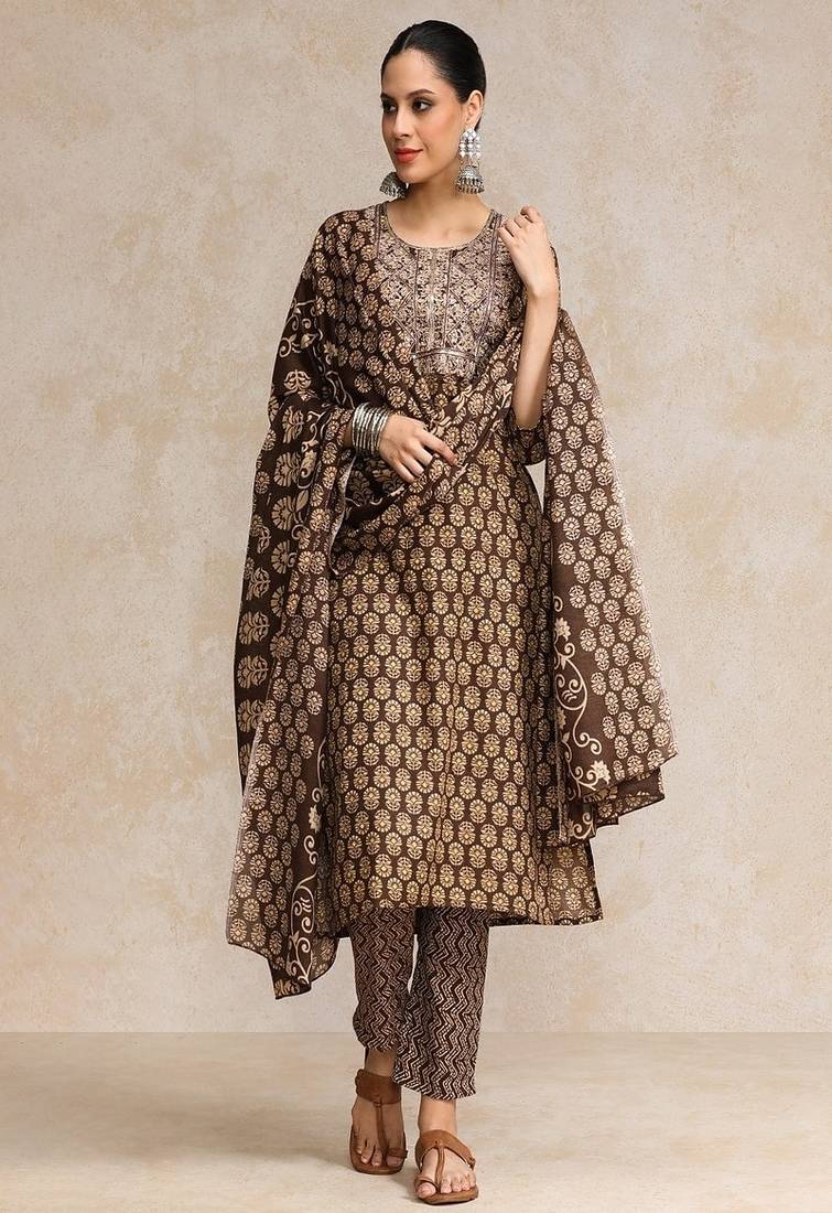 Floral printed cotton round neck kurta trouser & dupatta set
