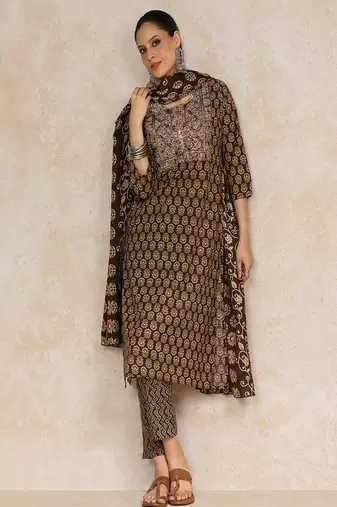 Floral printed cotton round neck kurta trouser & dupatta set