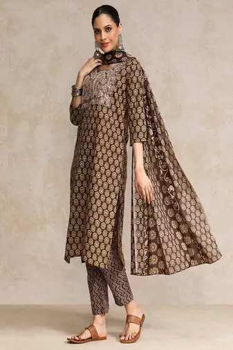 Floral printed cotton round neck kurta trouser & dupatta set