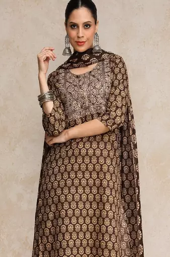 Floral printed cotton round neck kurta trouser & dupatta set