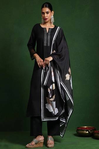 Floral printed cotton round neck kurta trouser & dupatta set