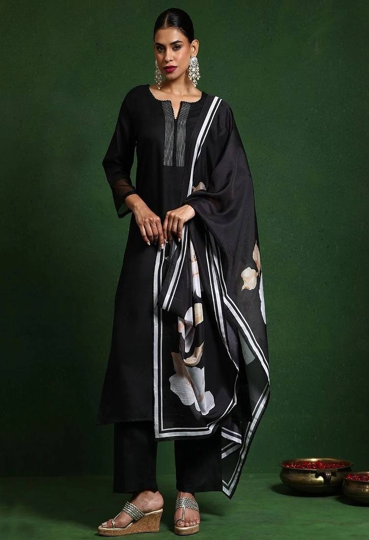 Floral printed cotton round neck kurta trouser & dupatta set