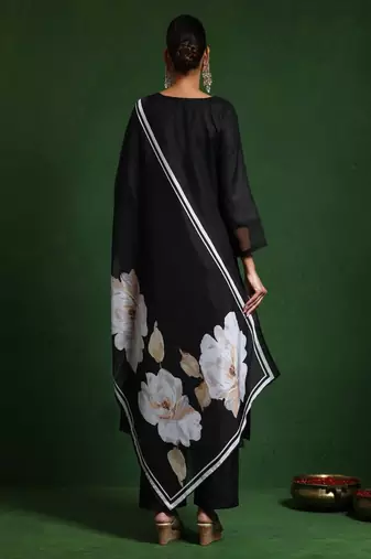 Floral printed cotton round neck kurta trouser & dupatta set