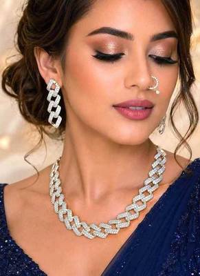 crystal cuban link bridal jewellery set, necklace, earrings, nose ring, silver plated 1
