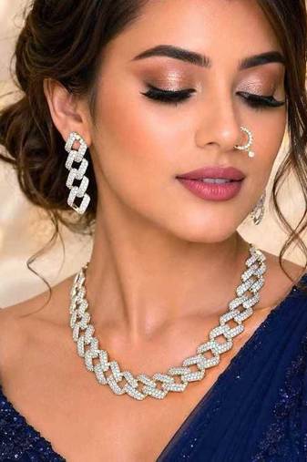 crystal cuban link bridal jewellery set, necklace, earrings, nose ring, silver plated