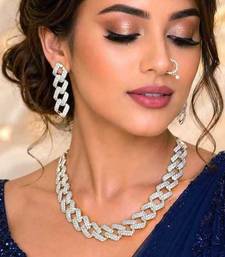 crystal cuban link bridal jewellery set, necklace, earrings, nose ring, silver plated