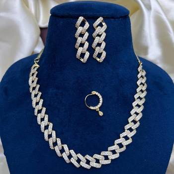 crystal cuban link bridal jewellery set, necklace, earrings, nose ring, silver plated 3