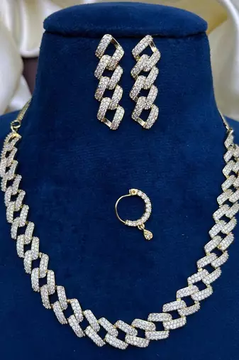 crystal cuban link bridal jewellery set, necklace, earrings, nose ring, silver plated