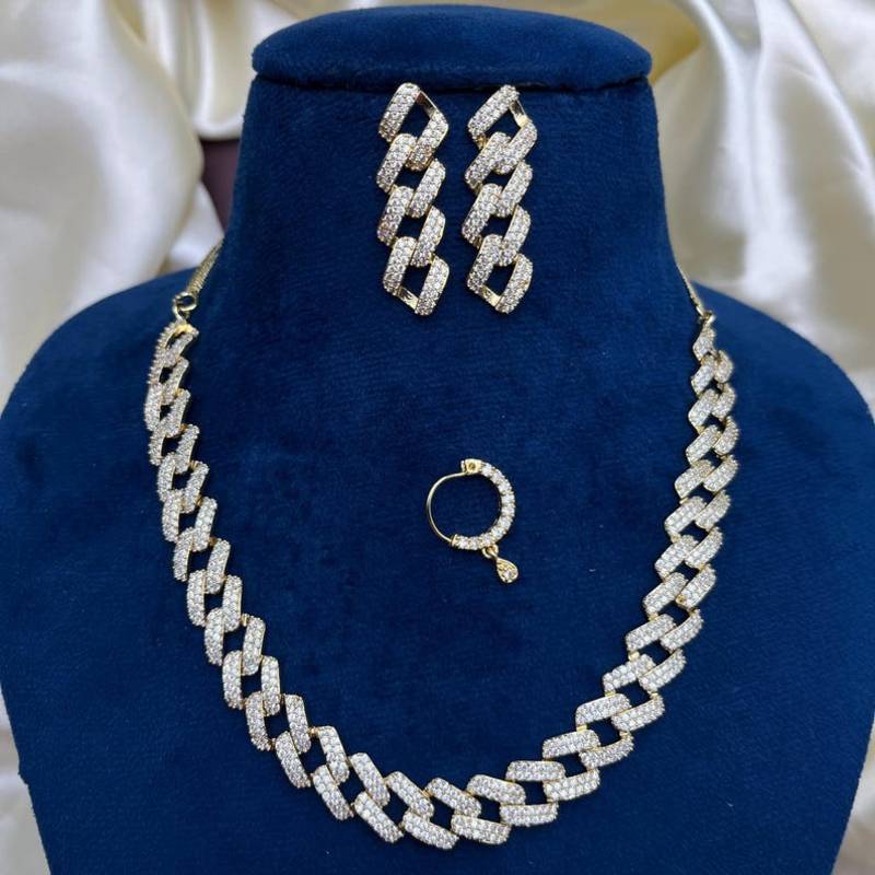 crystal cuban link bridal jewellery set, necklace, earrings, nose ring, silver plated