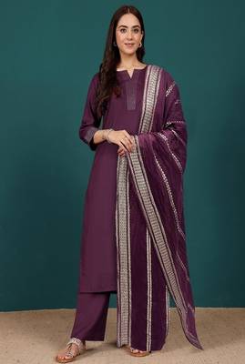 Floral printed cotton round neck kurta trouser & dupatta set 1