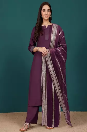Floral printed cotton round neck kurta trouser & dupatta set