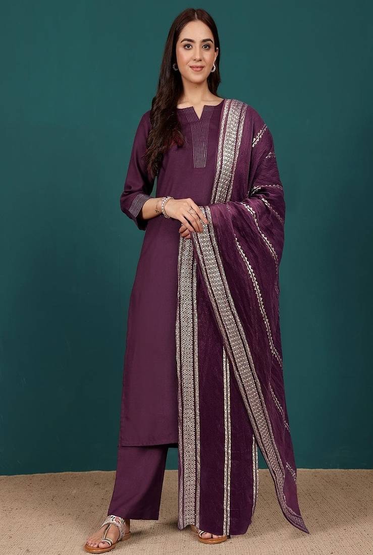 Floral printed cotton round neck kurta trouser & dupatta set