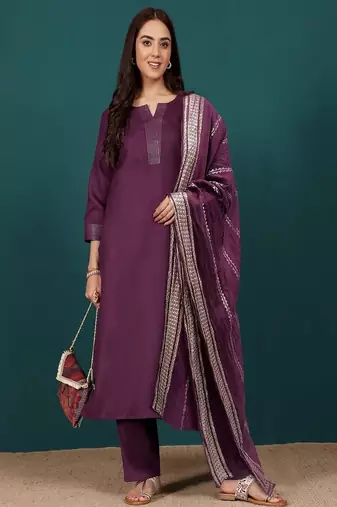 Floral printed cotton round neck kurta trouser & dupatta set