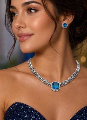blue topaz cz diamond necklace earrings set, silver plated cushion cut bridal jewellery 1