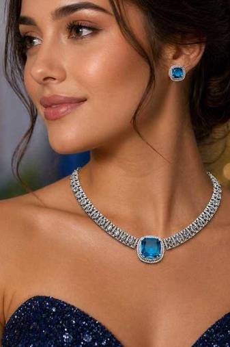 blue topaz cz diamond necklace earrings set, silver plated cushion cut bridal jewellery