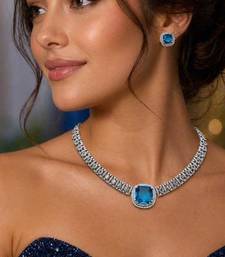 blue topaz cz diamond necklace earrings set, silver plated cushion cut bridal jewellery