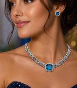 blue topaz cz diamond necklace earrings set, silver plated cushion cut bridal jewellery